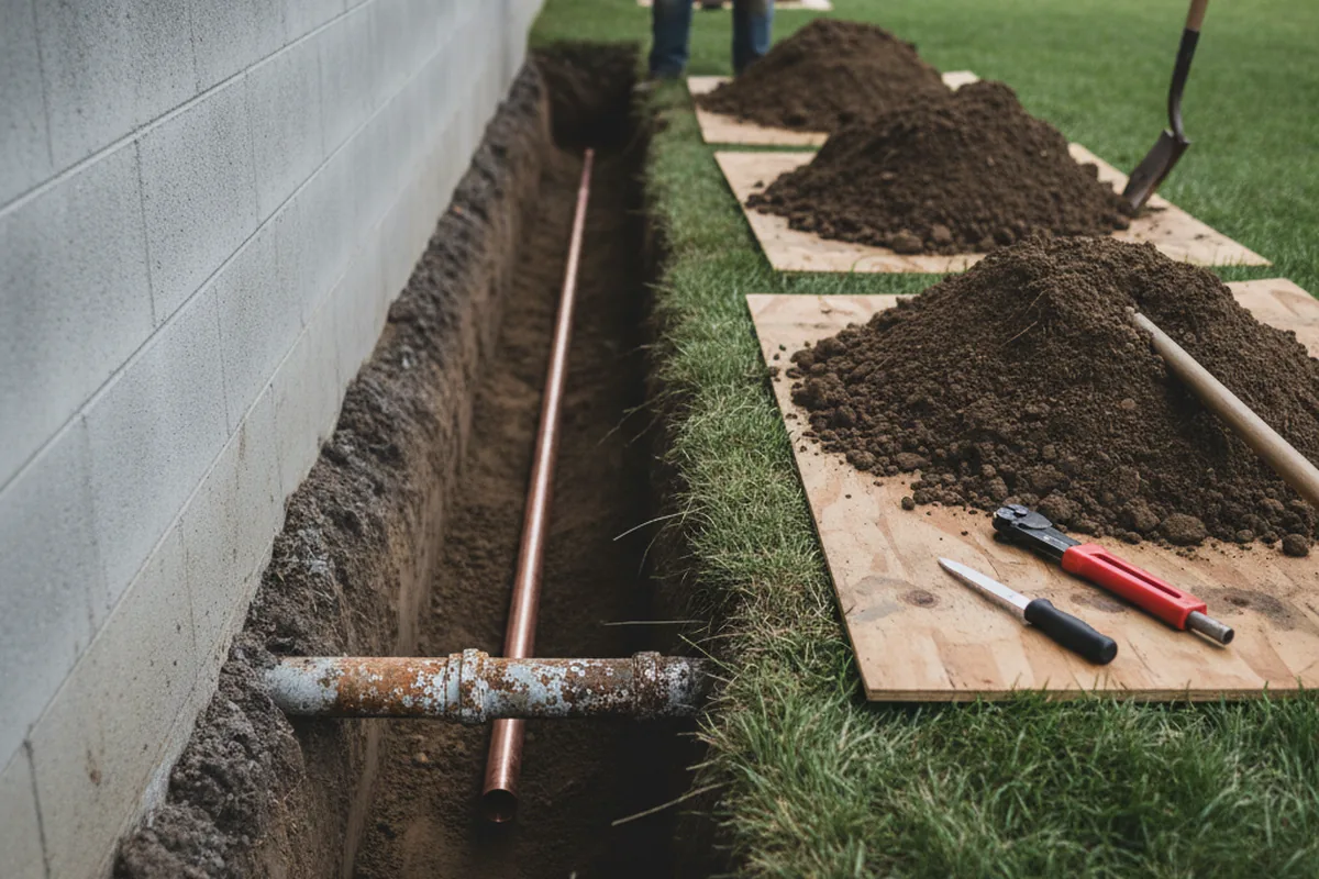 Excavated water line trench during Sewer Line Repair in Pelham